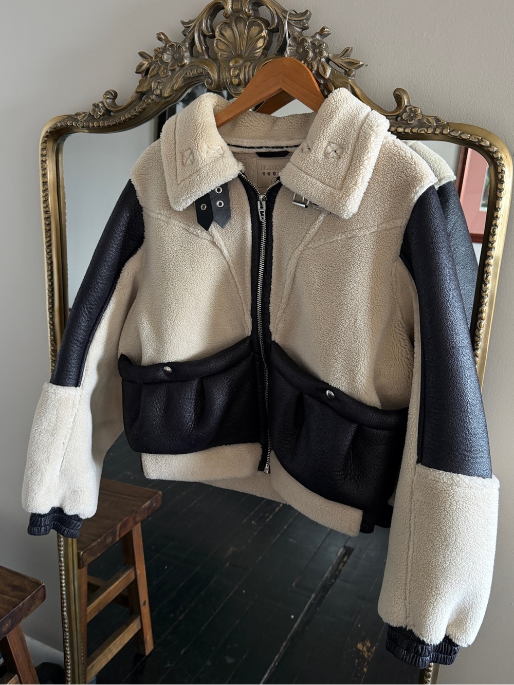 Faux Shearling Bomber Jacket - Cream & Black